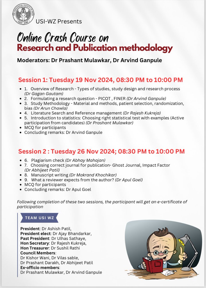 Rajesh Kukreja (@kukreja_urocare) on Twitter photo Don’t miss this opportunity of attending an excellent two session e-certificate course on Research and Publication methodology.
Join Zoom Meeting
us06web.zoom.us/j/85254918698?…
Meeting ID: 852 5491 8698
Passcode: 015252
<a href="/usioffice/">Urological Society of India 🇮🇳</a> <a href="/SIU_urology/">SIU-Urology</a> <a href="/Uroweb/">European Association of Urology (EAU)</a> Don’t miss this opportunity of attending an excellent two session e-certificate course on Research and Publication methodology.
Join Zoom Meeting
us06web.zoom.us/j/85254918698?…
Meeting ID: 852 5491 8698
Passcode: 015252
<a href="/usioffice/">Urological Society of India 🇮🇳</a> <a href="/SIU_urology/">SIU-Urology</a> <a href="/Uroweb/">European Association of Urology (EAU)</a>