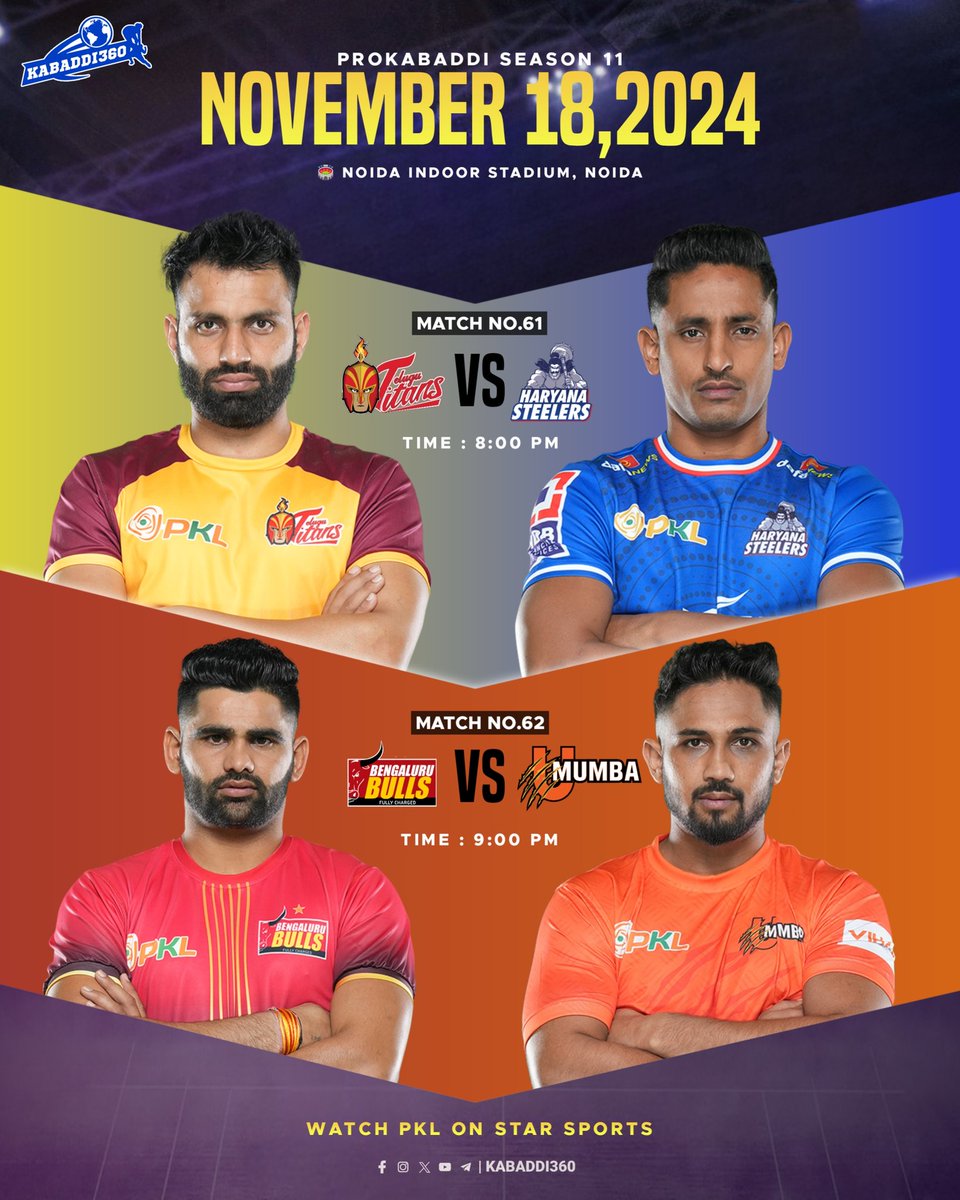 Kabaddi_360's tweet photo. PKL MONDAY MADNESS! Telugu Titans vs Haryana Steelers &amp; Bengaluru Bulls vs U Mumba 

#PKL #Kabaddi #TTvsHS
#BLRvsMUM #Prokabaddi 
#pkl2024 #PKLSeason11 
#Kabaddi360 https://t.co/kekEESKNK9