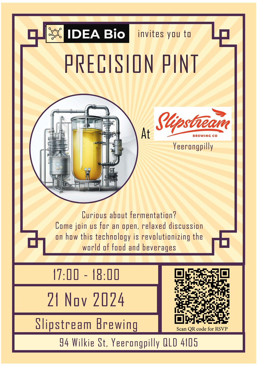 IDEABio_'s tweet photo. IDEA Bio is launching #PrecisionPint , a series of short talk aimed to engage with the community and share the latest development of #PrecisionFermentation
Join us to the first event ! Details below. Don’t forget to register using the QR code. Free event https://t.co/GjGu3iNiZ6