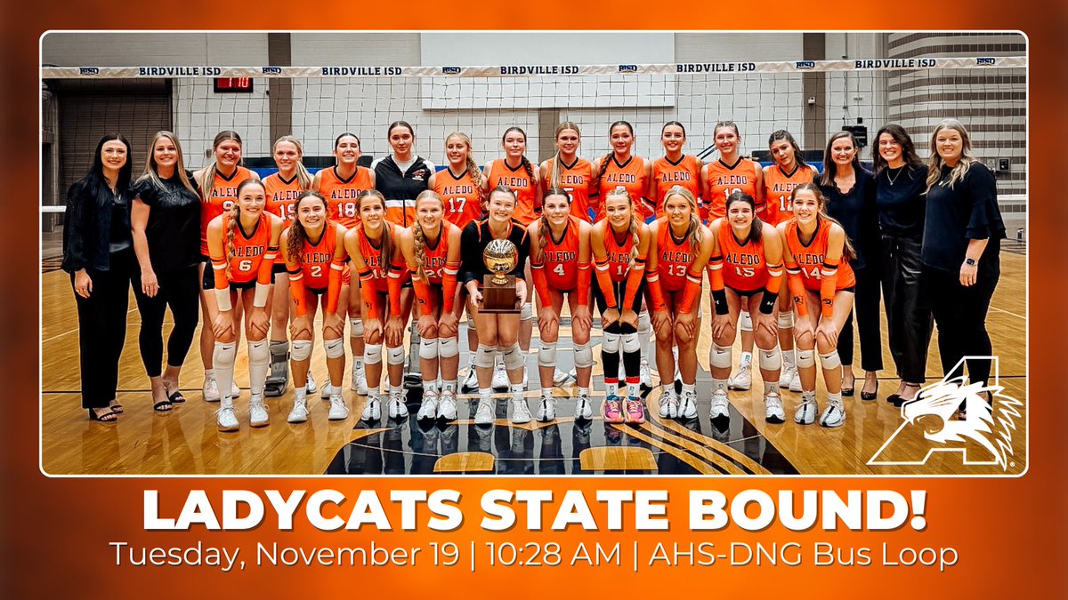AledoAthletics's tweet photo. The Ladycats are FINAL FOUR bound, and we’re sending them off on Tuesday for their State Semifinal match against McKinney North in Garland! 
⌚️10:28AM
📅 Tues 11/19
📍 Bus Loop outside AHS main gym/DNG cafeteria entrance 

#lcvb #allinaledo #uilstate #growinggreatness https://t.co/IUifNkOzfV