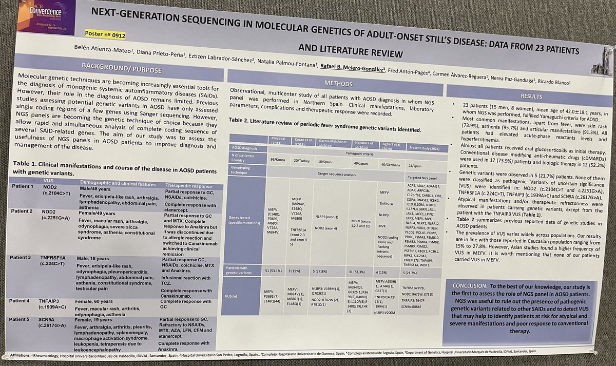 Tue Kragstrup (@kragstruptw) on Twitter photo Posters on rare genetic variants.
Monogenic diseases are definitely coming to rheumatology. Cost/benefit and genetic counseling with patients obviously needs to be evaluated before WGS will be ready for clinical practice.
Poster hall #ACR24
<a href="/ACRheum/">American College of Rheumatology</a> Posters on rare genetic variants.
Monogenic diseases are definitely coming to rheumatology. Cost/benefit and genetic counseling with patients obviously needs to be evaluated before WGS will be ready for clinical practice.
Poster hall #ACR24
<a href="/ACRheum/">American College of Rheumatology</a>