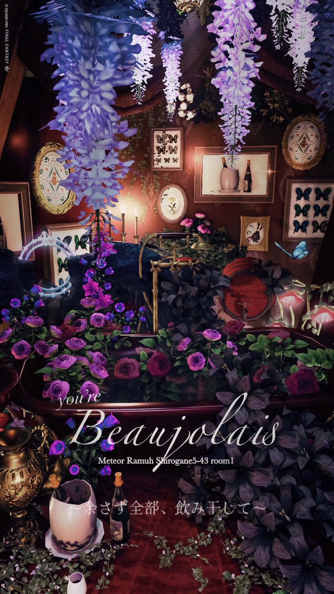 🆕赤ワインイメージのお部屋です

「you're Beaujolais」
Meteor Ramuh Shirogane5-43
個室1

 #438nuit  #FF14スタジオ