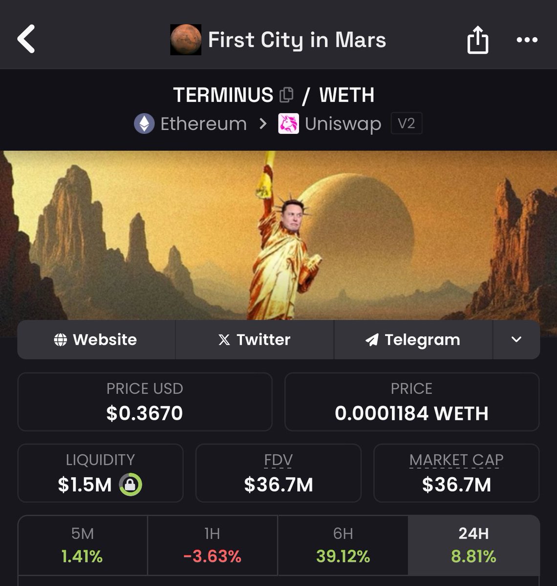 马斯克今天开始全力以赴火星城，这个视频背后有个音频，可以听一下

Welcome to TERMINUS 

现在官推还未解封，其他都是诈骗，谨慎参与

Ca: 0xCBdE0453d4E7D748077c1b0Ac2216C011DD2f406

TERMINUS CTO Community: 
t.me/terminus_cto

t.me/TERMINUSCN