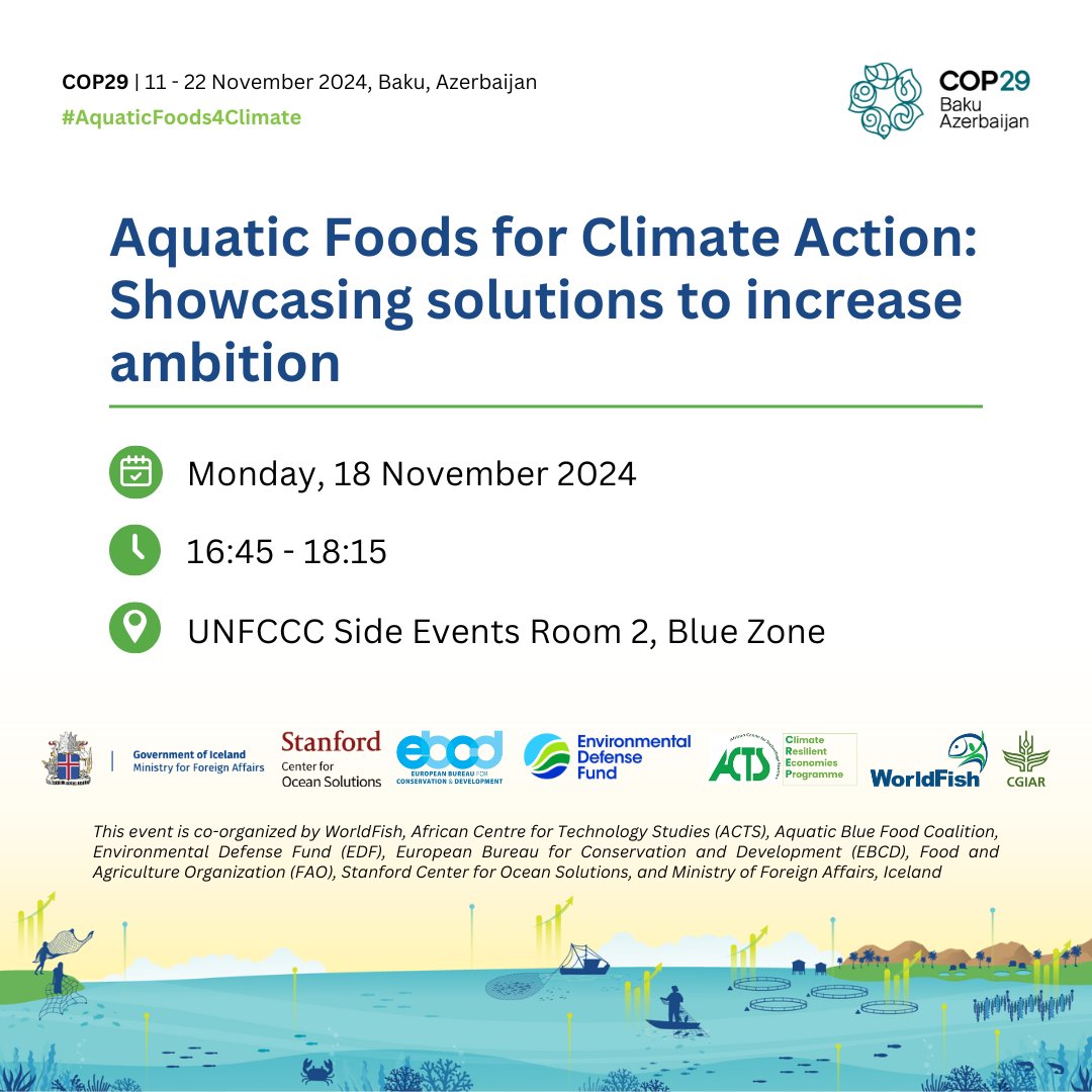 📣 Catch WorldFish and partners at an exciting #COP29 side event today, Nov 18!

This event will present the NDC guidelines as part of climate solutions, illustrating how #aquaticfood can be integral to national efforts.

Check here: tinyurl.com/WFCOP29

#AquaticFoods4Climate