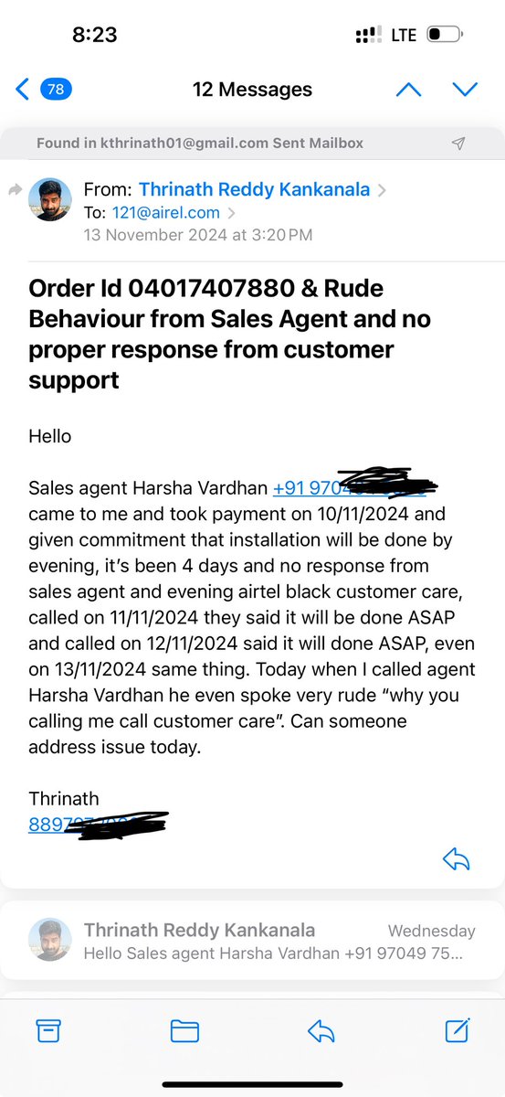 ThrinathReddy8's tweet photo. @airtelindia Horrible Service 
No response from 8days https://t.co/eSkCE7moXj