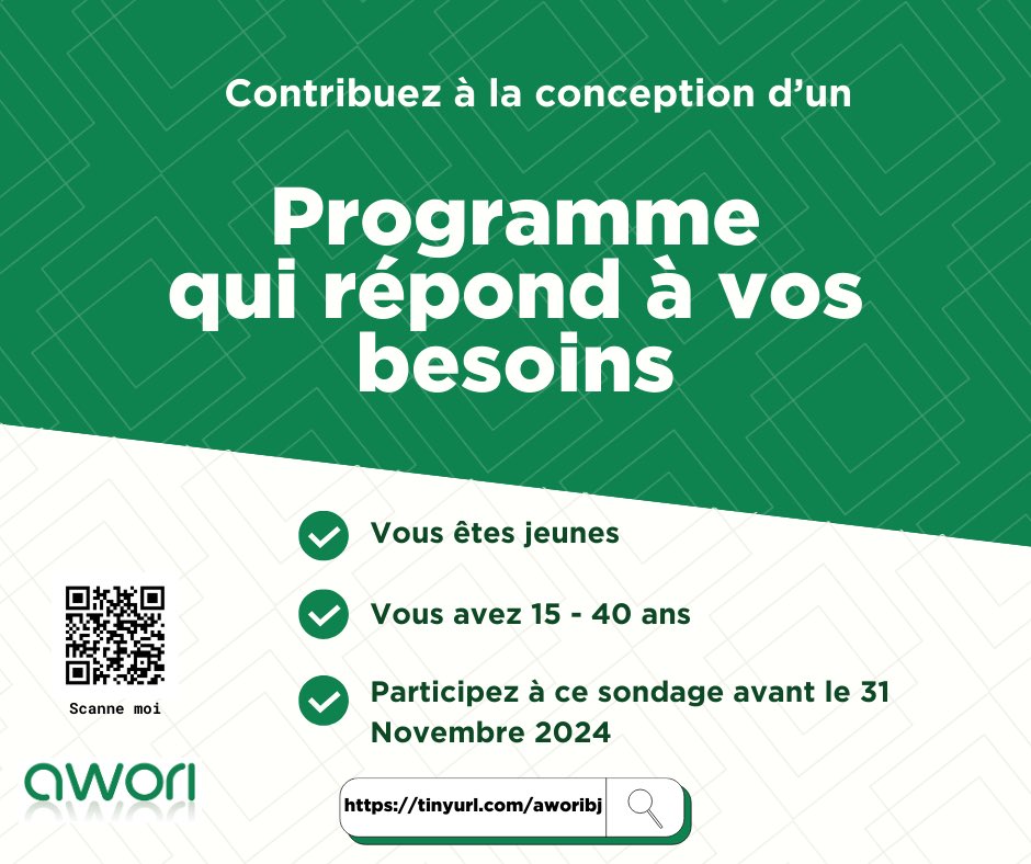 Tu es jeune et tu as entre 15 et 40 ans?
Nous avons besoin de ton avis pour mieux orienter nos actions et répondre à tes besoins. Remplis ce formulaire en moins de 5 min ⏳ et aide-nous à construire un programme sur mesure pour toi et tes pairs! 

Lien👉: forms.gle/hapyXwfMLK1QcC…