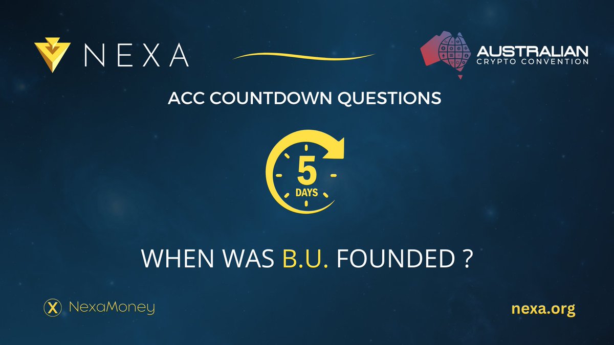 NexaMoney's tweet image. 📢 Countdown to the @AusCryptoCon has started!
It is very simple - share and answer the question correctly, and win up to 10M $NEXA coins!
When was the Bitcoin Unlimited organization founded?
A) 2012
B) 2015
C) 2017
Like, share & drop your answers in the comments below! ✍️