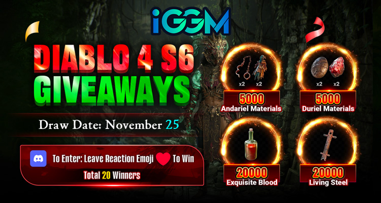 🤯Diablo IV Season 6 Giveaways( Season 6 SC Only )
🎁5⃣0⃣0⃣0⃣ Duriel Mats &amp; 5⃣0⃣0⃣0⃣ Andariel Mats &amp; 2⃣0⃣0⃣0⃣0⃣ Living Steel &amp; 2⃣0⃣0⃣0⃣0⃣ Exquisite Blood
 
On Discord:
🤗Leave Reaction Emoji❤️To Win
👉discord.com/invite/iggm/
😍We will pick 2⃣0⃣ winners out on November 25
🎁Each