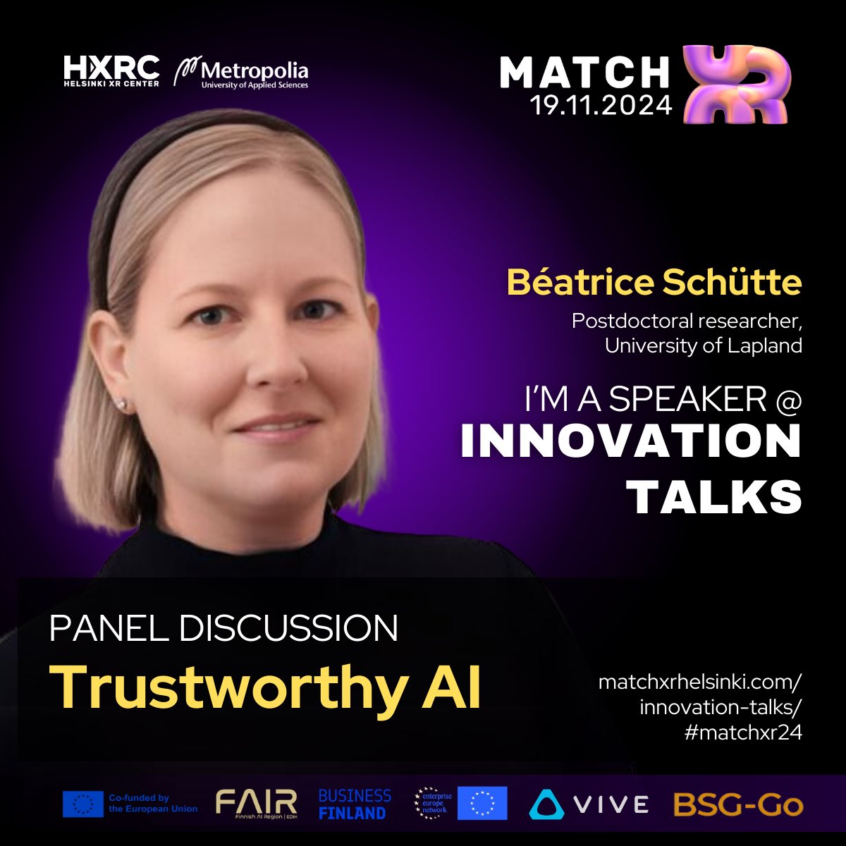 Beatrice Schütte (@beatrice_schtte) on Twitter photo Are you in Helsinki and don’t know what to do tomorrow afternoon? Join me and my fellow panelists at Innovation Talks. The event is free of charge, you only need to register: matchxrhelsinki.com/innovation-tal… <a href="/UniLaplandLaw/">Uni Lapland Law</a> <a href="/ulapland/">University of Lapland</a> <a href="/LegaltechHEL/">LegalTechLab</a> #matchxr24 Are you in Helsinki and don’t know what to do tomorrow afternoon? Join me and my fellow panelists at Innovation Talks. The event is free of charge, you only need to register: matchxrhelsinki.com/innovation-tal… <a href="/UniLaplandLaw/">Uni Lapland Law</a> <a href="/ulapland/">University of Lapland</a> <a href="/LegaltechHEL/">LegalTechLab</a> #matchxr24