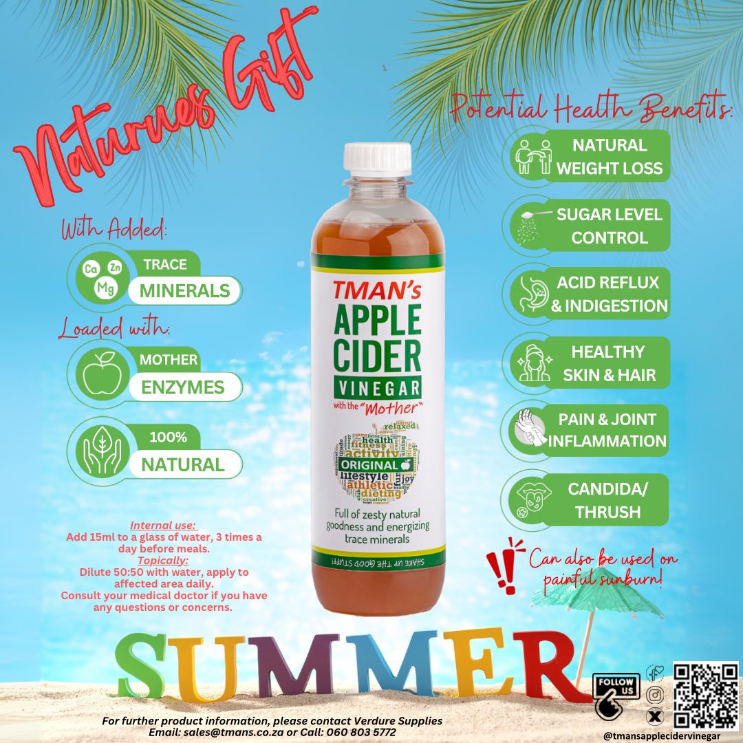 TmansAppleCider's tweet photo. HERE COMES SUMMER!

Boost your mind, body and soul for Summer by adding Tman’s to your daily diet! 

15ml into water before meals, 3 x a day can help improve digestion of all the Summer feasts &amp; ALSO boost immunity, preventing those nasty Summer Bugs!! 
#tmansapplecidervinegar https://t.co/uRYzMeDWVu