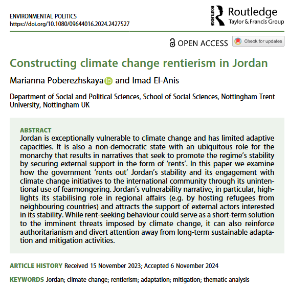 New #OpenAccess article: 

'Constructing climate change rentierism in Jordan' by Marianna Poberezhskaya and <a href="/Dr_ImadElAnis/">Dr Imad El-Anis</a> 

doi.org/10.1080/096440…