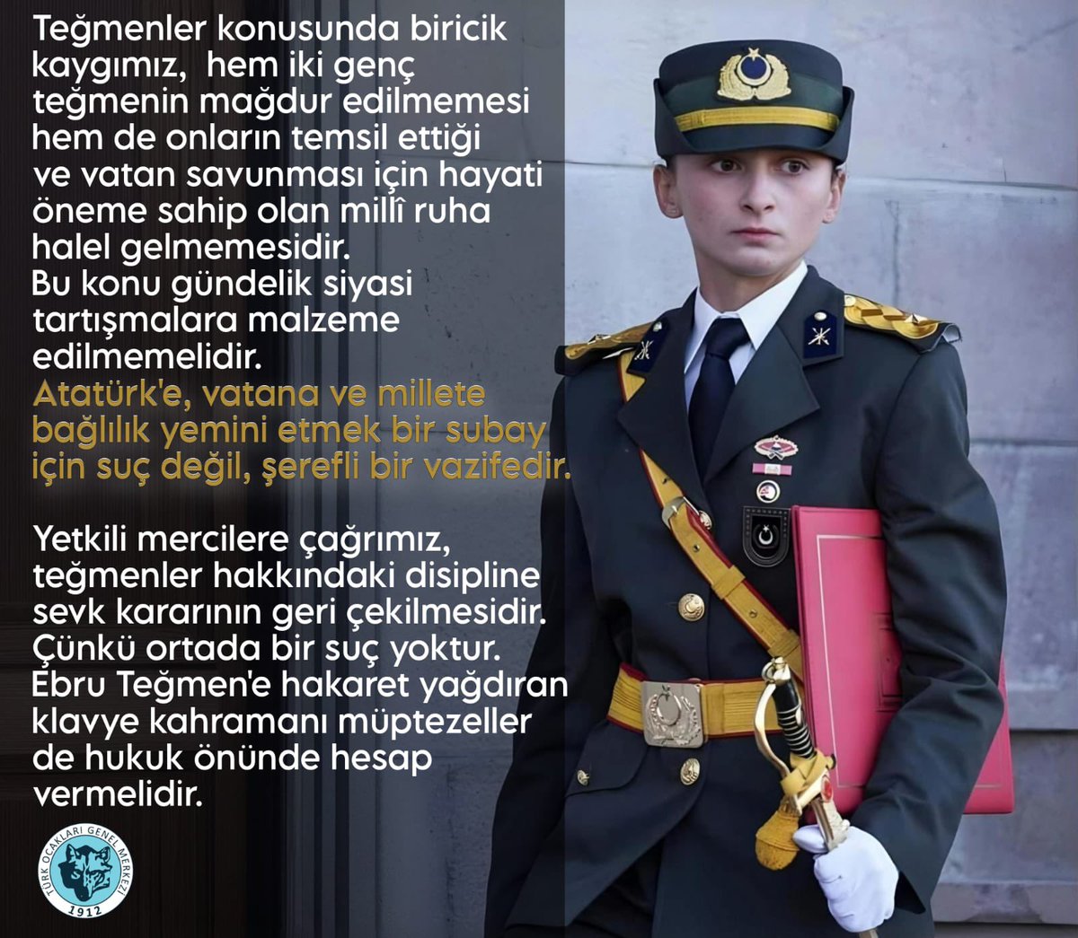 ❗️Teğmenler konusunda biricik kaygımız,  hem iki genç teğmenin mağdur edilmemesi hem de onların temsil ettiği  ve vatan savunması için hayati öneme sahip olan millî ruha halel gelmemesidir. Bu konu gündelik siyasi tartışmalara malzeme edilmemelidir.

❗️Atatürk'e, vatana ve