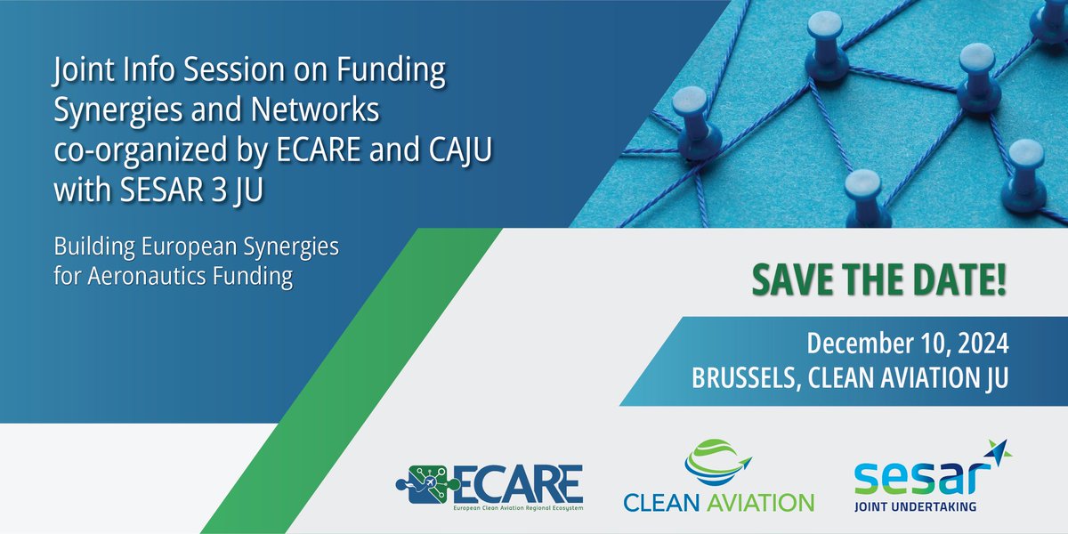 📢Pleased to announce the Joint Info Session on Aviation Funding Synergies!
📅 10 Dec 2024📍Brussels 🇧🇪
🤝 Organized by ECARE <a href="/clean_aviation/">Clean Aviation</a> and <a href="/SESAR_JU/">SESAR JU🇪🇺✈️</a>. 
🌟 Spotlight on regional collaboration, key projects, &amp; "Net-Zero Aviation" initiatives!
‼️ Invitation-only event‼️ #caju