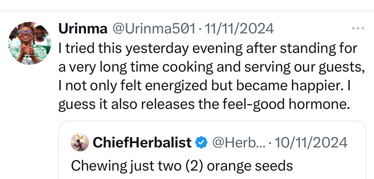 HerbalistChief's tweet image. She is feeling energised and happier upon chewing orange seeds. 

Nature heals.