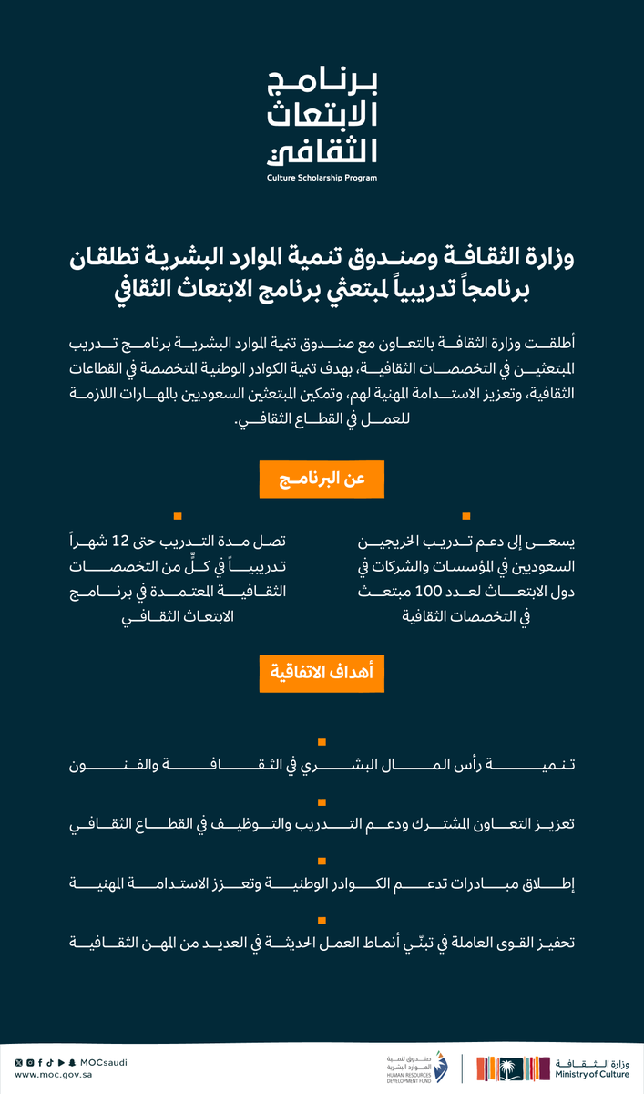 وزارة الثقافة (@mocsaudi) on Twitter photo #وزارة_الثقافة وصندوق تنمية الموارد البشرية <a href="/HRDFKSA/">صندوق تنمية الموارد البشرية</a> يطلقان برنامجاً تدريبياً لمبتعثي #برنامج_الابتعاث_الثقافي. #وزارة_الثقافة وصندوق تنمية الموارد البشرية <a href="/HRDFKSA/">صندوق تنمية الموارد البشرية</a> يطلقان برنامجاً تدريبياً لمبتعثي #برنامج_الابتعاث_الثقافي.