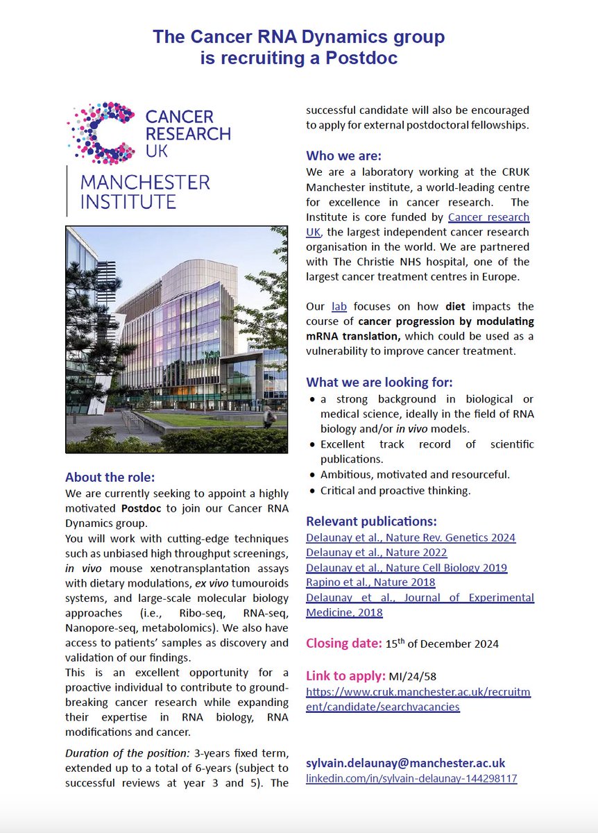 sylvain Delaunay (@sylvaindelauna4) on Twitter photo 📢 Join the RNA Dynamics in Cancer group at CRUK Manchester as a Postdoctoral Researcher! Dive into impactful work on diet, RNA modification, and cancer progression.
Learn more and apply here: cruk.manchester.ac.uk/recruitment/ca… (MI/24/58)
#CancerResearch #RNA #PostdocOpportunity <a href="/CR_UK/">Cancer Research UK</a> 📢 Join the RNA Dynamics in Cancer group at CRUK Manchester as a Postdoctoral Researcher! Dive into impactful work on diet, RNA modification, and cancer progression.
Learn more and apply here: cruk.manchester.ac.uk/recruitment/ca… (MI/24/58)
#CancerResearch #RNA #PostdocOpportunity <a href="/CR_UK/">Cancer Research UK</a>