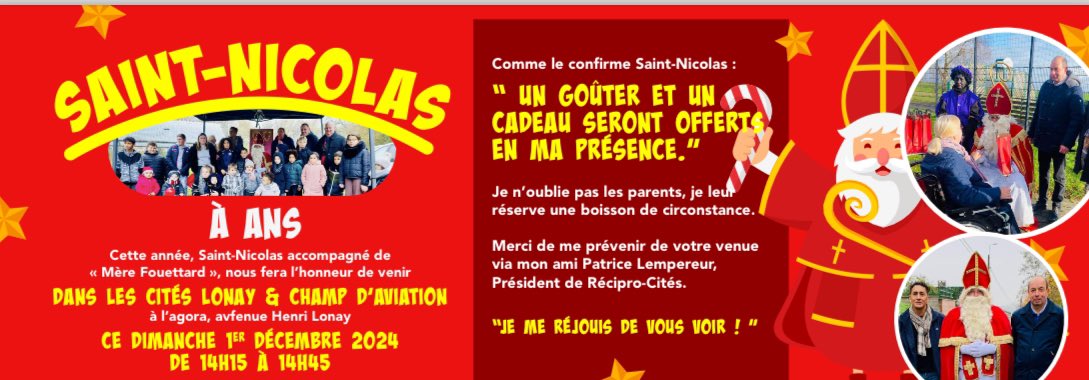 RNafrak's tweet photo. Dimanche 1er décembre, à 14H15🎅Arrivée de Saint-Nicolas Cités Lonay et Champ d’Aviation à Ans  : l’invitation sera bientôt dans votre boîte aux lettres 🎅 N’oubliez pas de confirmer votre présence🎅 #Lonay #ChampdAviation #Ans https://t.co/akIT4yTBfD