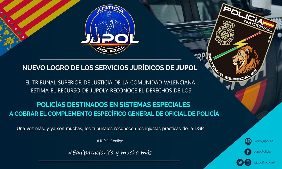 👨‍⚖️ Nuevo éxito judicial de #JUPOL en la #ComunidadValenciana para los 👮🏼‍♀️👮🏼‍♂️ de Sist. Especiales

⚖️ El TSJ nos da la razón y reconoce el derecho de los 👮🏼‍♂️👮🏼‍♀️ a cobrar el mismo CEG que los Oficiales de Policía.

Líderes en #ServiciosJurídicos

Enhorabuena 💪🏼  mataabogadosvalencia.es