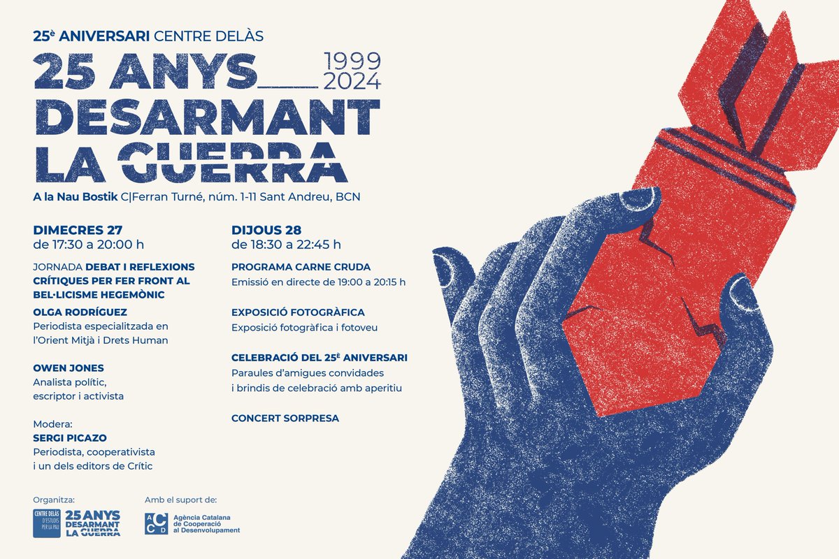 Encara no t'has inscrit als actes dels nostres '25 anys desarmant la guerra'?

Escoltarem a Olga Rodríguez, Owen Jones, tindrem un programa en directe de <a href="/carnecrudaradio/">Javier Gallego Crudo</a>, concerts, brindis, aperitiu...

📍A la @Naubostik 
🗓️Les tardes del 27 i 28 de Nov
✍️centredelas.org/actualitat/25-…
