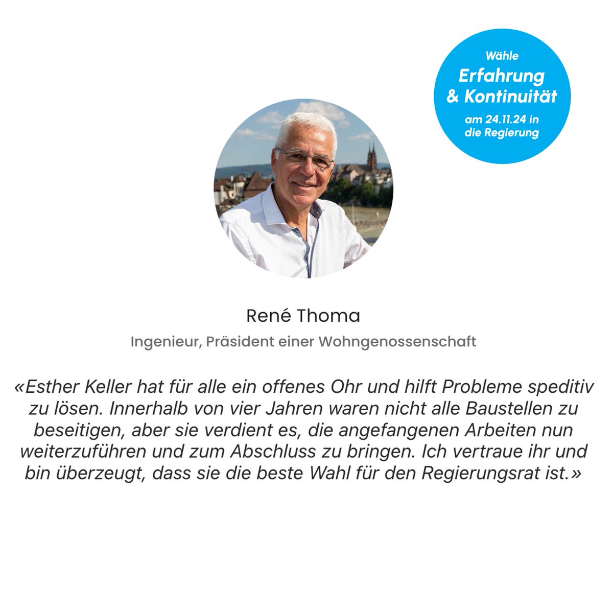 Wähle Erfahrung und Kontinuität für den 2. Wahlgang der Regierungsratswahlen am 24. November 2024 - Wähle Esther Keller in die Regierung! 🌳🚉 🚴‍♀️