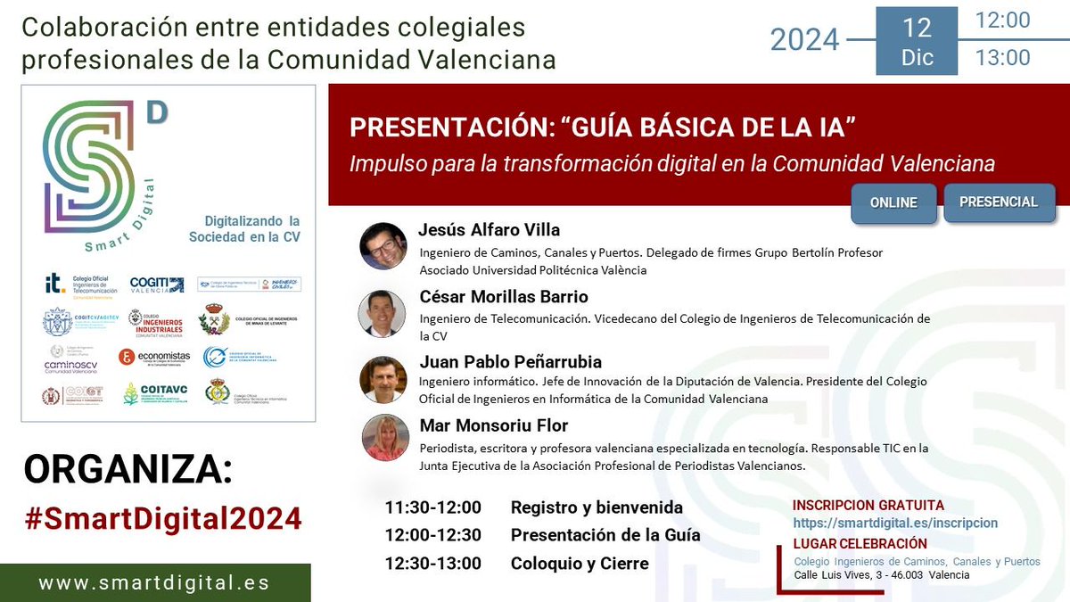caminoscv's tweet photo. #SmartDigital | Presentación: Guía Básica de la IA. Impulso para la transformación digital en la Comunitat Valenciana.
📆 12/12/2024 a las 12 h
📍CICCP. C/ Luis Vives, 3, Valencia y online
📃Programa https://t.co/vJQjAanzWw
📝Inscripción 👉https://t.co/qqzVixQkNF https://t.co/NIJPYhKfLe