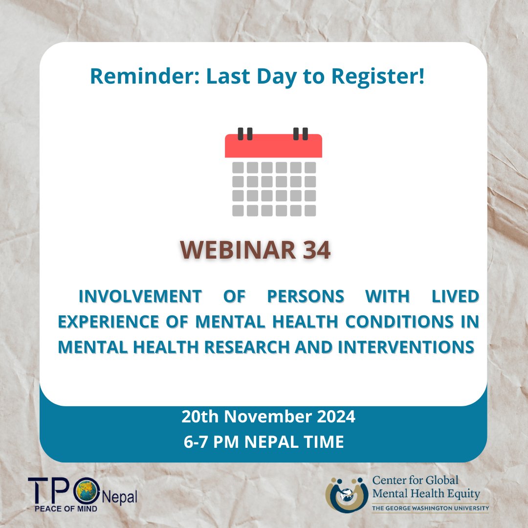 Last chance to register!

Join the 34th #WebinarSeries:
🗣️ "Involving Lived Experience in Mental Health Research &amp; Interventions"
📅 Nov 20 | 🕕 6-7 PM NPT
🎙️ Claudia Sartor
Registration link: docs.google.com/forms/d/e/1FAI…