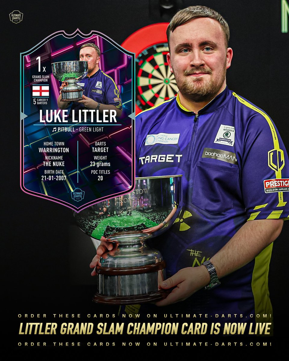 𝗟𝘂𝗸𝗲 𝗟𝗶𝘁𝘁𝗹𝗲𝗿: 𝗚𝗿𝗮𝗻𝗱 𝗦𝗹𝗮𝗺 𝗖𝗵𝗮𝗺𝗽𝗶𝗼𝗻🏆

At just 17, Littler claims his first PDC ranking major title with a commanding 16-2 win over Martin Lukeman. Celebrate this moment with the exclusive Grand Slam Champion card, available now! 🎯👑