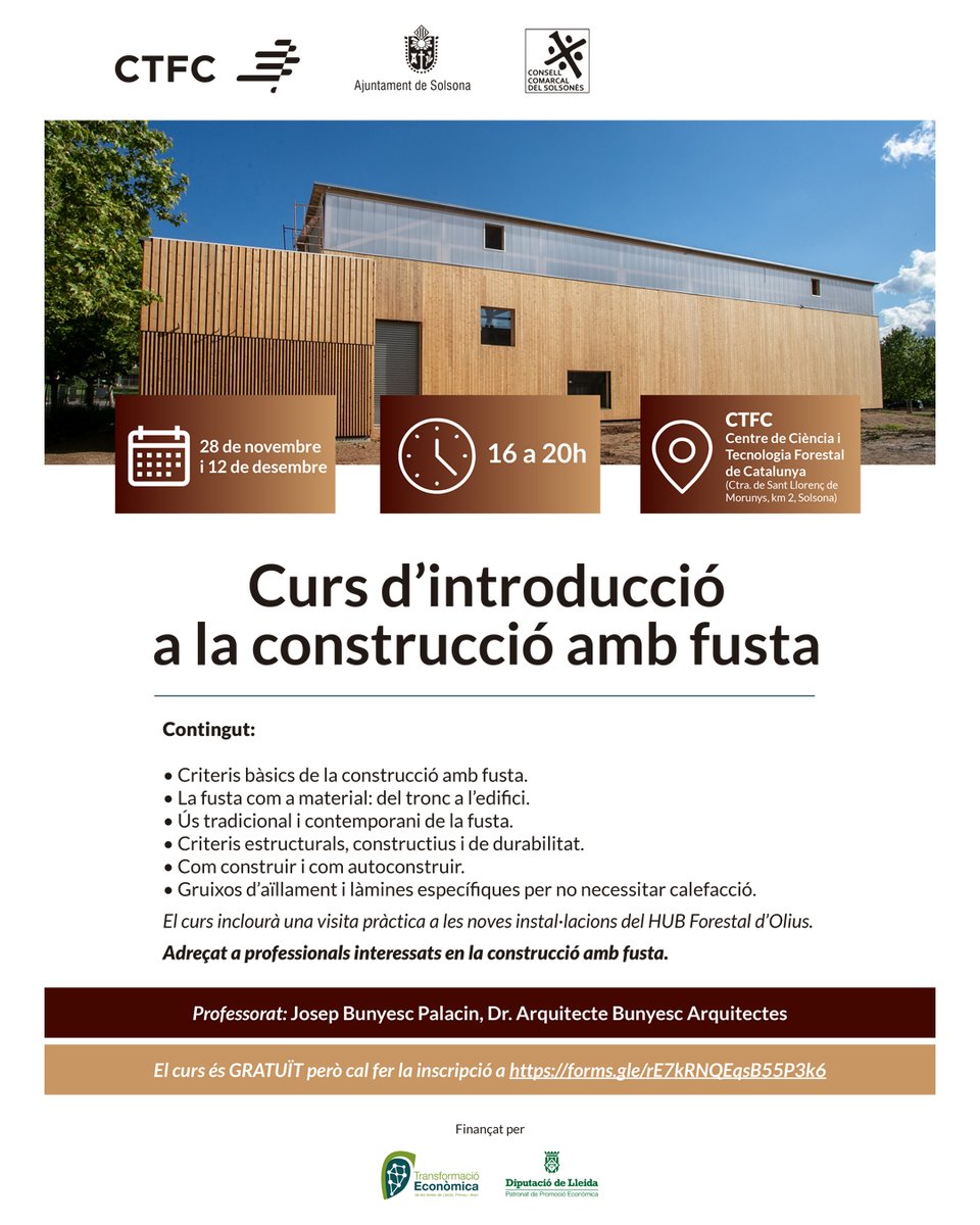 🏡🪵 Curs d’introducció a la construcció amb fusta

💡 Descobreix tot sobre la fusta com a material de construcció sostenible! 

📅 28/11 i 12/12 | 16 a 20 h 
📍<a href="/ctforestal/">CTFC</a> (Solsona) <a href="/Solsona_cat/">Ajunt. de Solsona</a> <a href="/CCSolsones/">Consell Comarcal del Solsonès</a> 

Gratuït, inscripció obligatòria👉tuit.cat/tg0kD