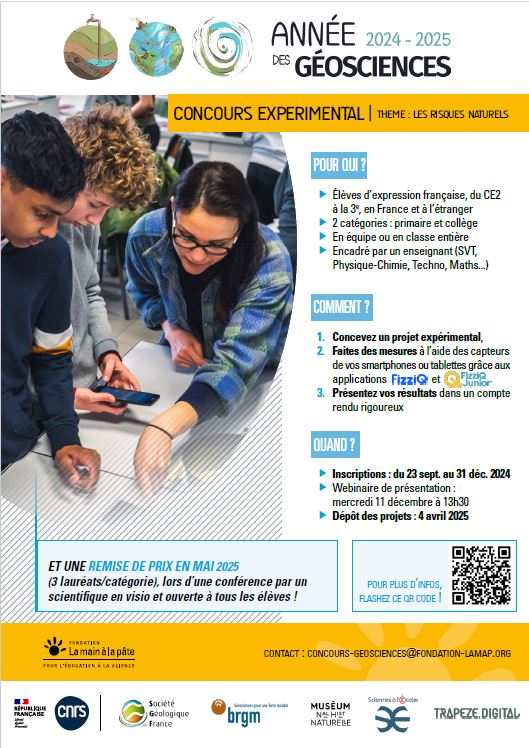Dans le cadre de l'année des #géosciences, la <a href="/Fondation_Lamap/">Fondation La main à la pâte</a> organise un concours expérimental autour des #risques #naturels à destination des élèves du CE2 à la 3ème !
Plus d'infos : geosoc.fr/presentation-d…