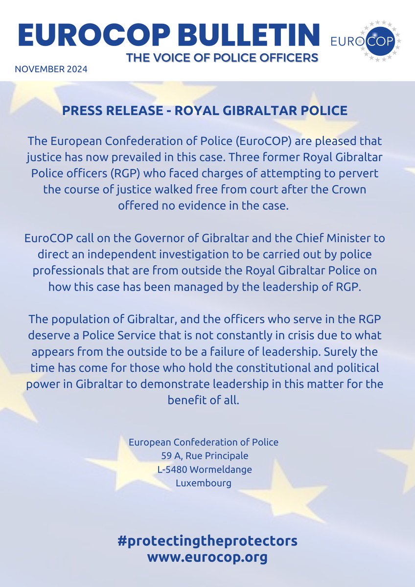 EuroCOPs press release regarding our support for the three former Royal Gibraltar Police officers was featured on GBC News
gbc.gi/tv/programmes/…

EuroCOP are pleased that justice has now prevailed in this case. Three former Royal Gibraltar Police officers (RGP) who faced