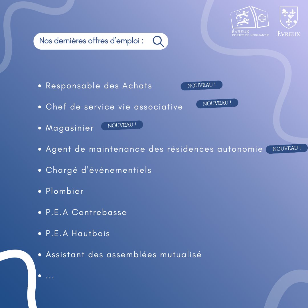[#EMPLOI]

#Evreux et #aggloevreux recrutent !

&gt; Nouvelles offres : Responsable des Achats / Magasinier / ...

&gt; Offres en cours : Chargé d'événementiels / Plombier / ...

👉 Pour postuler, envoyez votre CV et lettre de motivation ⤵️
evreuxportesdenormandie.fr/285-evreux-por…

#offreemploi