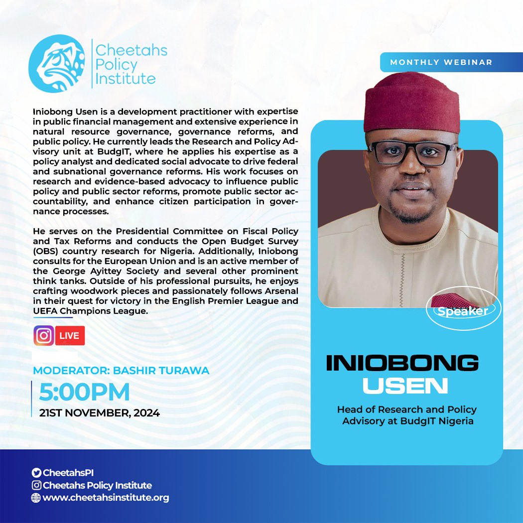 Join us this Thursday, 21st Nov, at 5 PM for a powerful conversation on “The Future of Nigerian Democracy” with Iniobong Usen.
Let’s talk electoral reforms, accountability, and the path to better governance. Live on IG @Cheetahspolicyinstitute
#ElectoralReforms #Democracy
