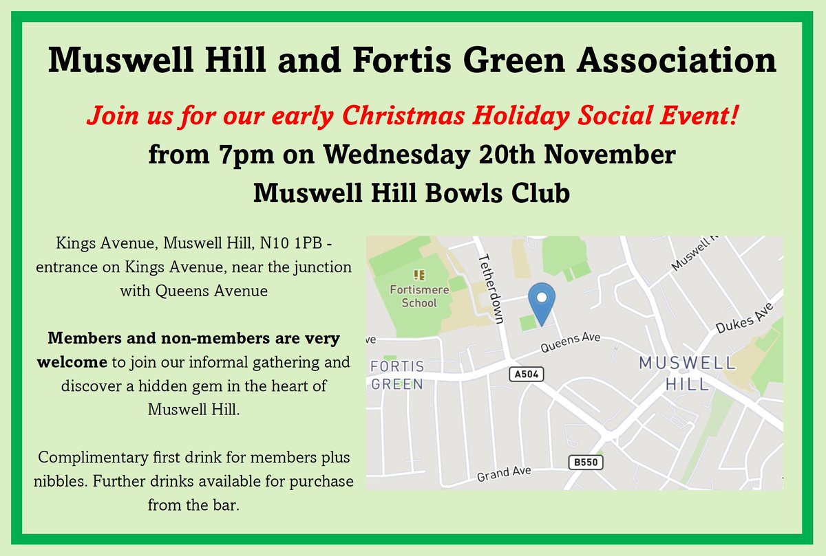 Join us for our early Christmas Holiday Social Event! From 7pm this Wed 20th November at Muswell Hill Bowls Club Kings Avenue, Muswell Hill. Come and meet fellow members and the MHFGA Committee at an informal gathering and discover a hidden gem in the heart of Muswell Hill