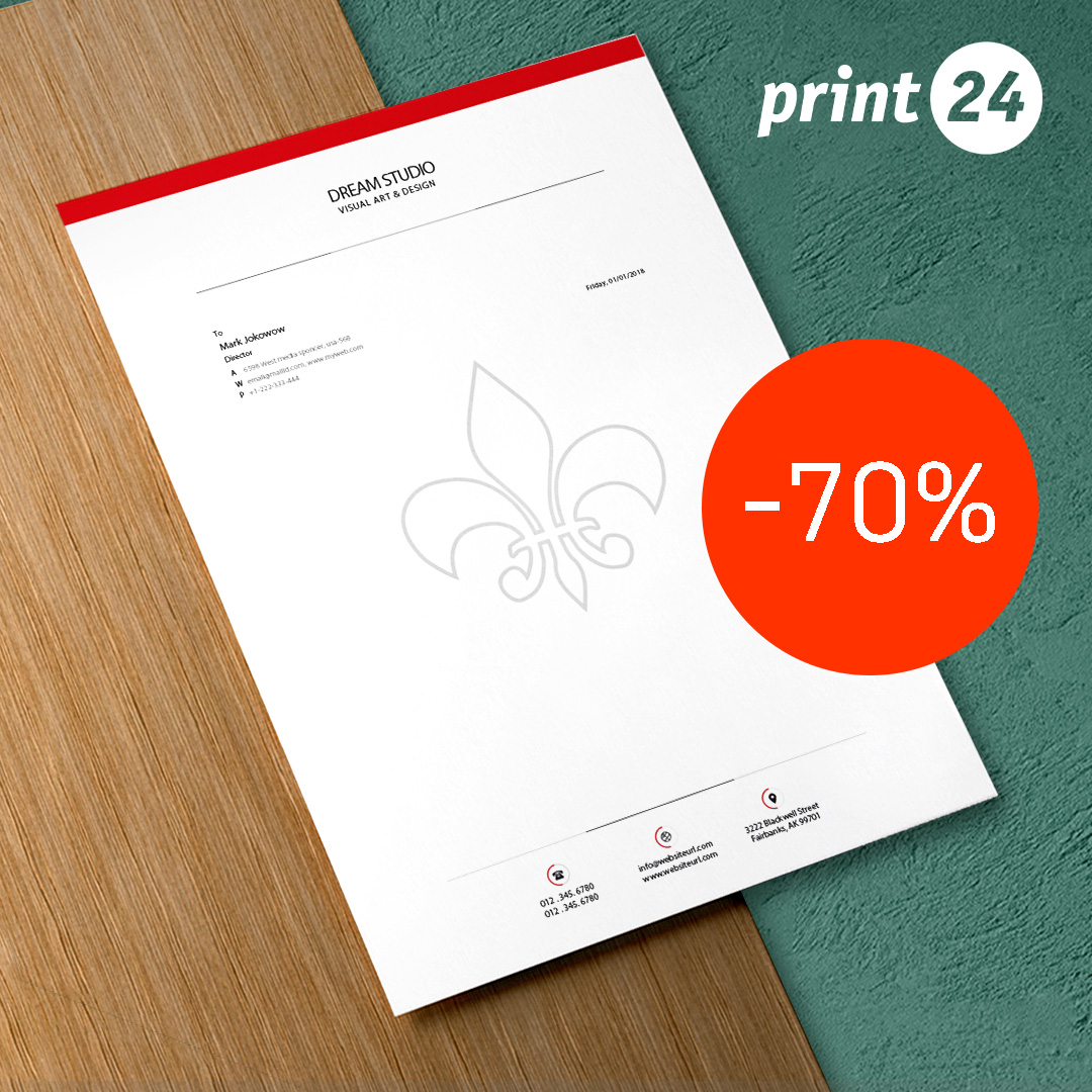 Print your watermarked letterheads now at print24.com at a whopping 70% discount – only while stocks last!
Take the opportunity to present your documents in high quality and print your letterheads online in top quality according to your wishes!
