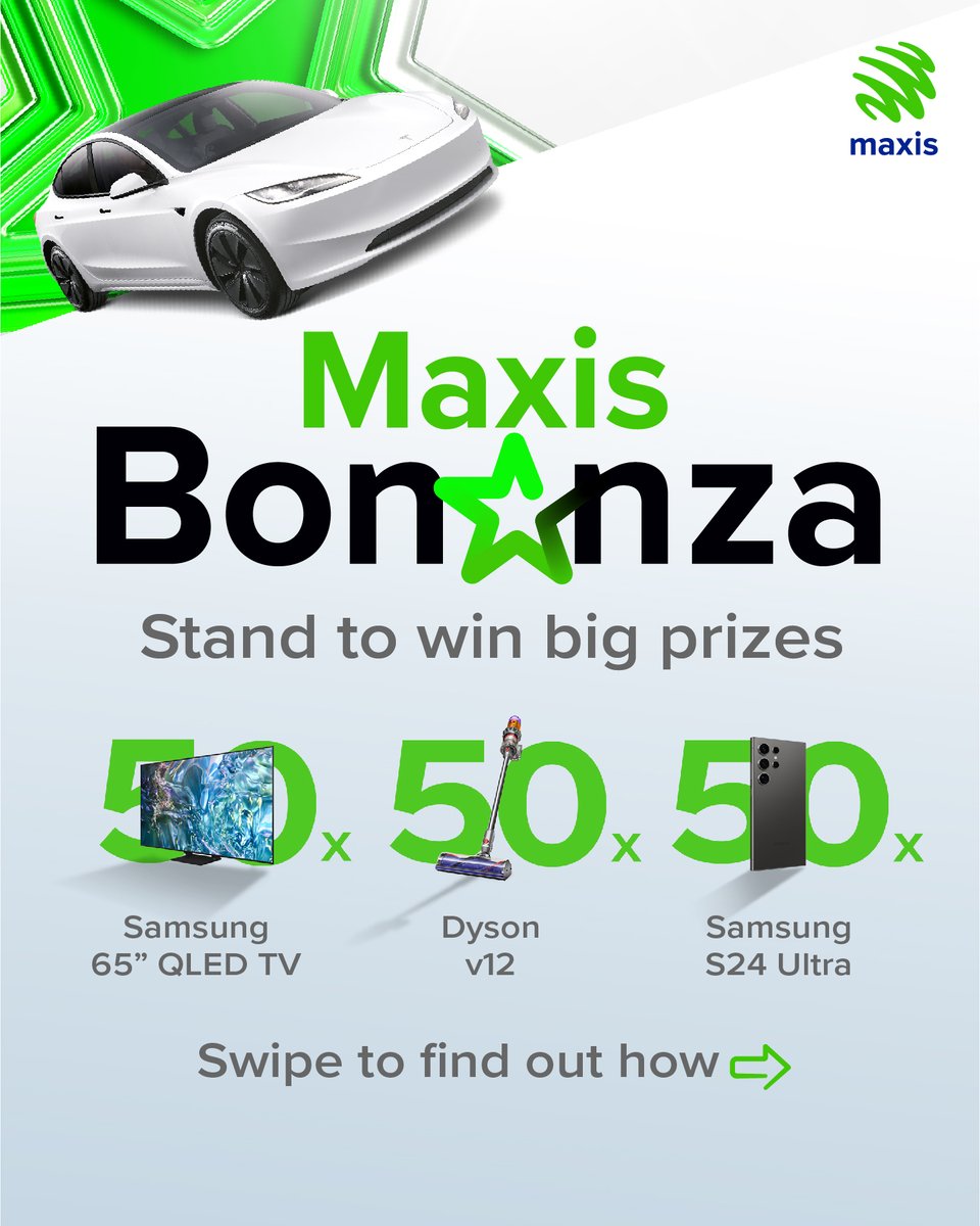 Maxis's tweet photo. From now until the 5th of February 2025, be in the running to win a Tesla Model 3 and many more π± Swipe through to find out how you can win. Don't miss your chance to end your year with a bang π₯ Click here to find out more: https://t.co/cMXzs8BkVr π #Maxis5G #MaxisBonanza https://t.co/D0cg6HA7fL