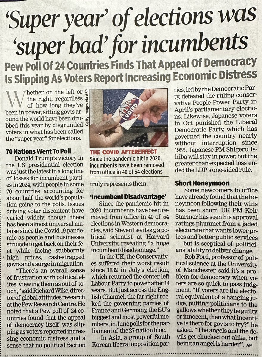 shantanug_'s tweet photo. 2024 has been a Super Year of elections 🗳️ through out the globe 🌏 &amp; it has been ‘Super Bad’ 👎 for the incumbents from the right ➡️ to left ⬅️.

PM @narendramodi’s third consecutive re-election beats the global trend while it sets many new national trends. https://t.co/E1gGrhdPnz