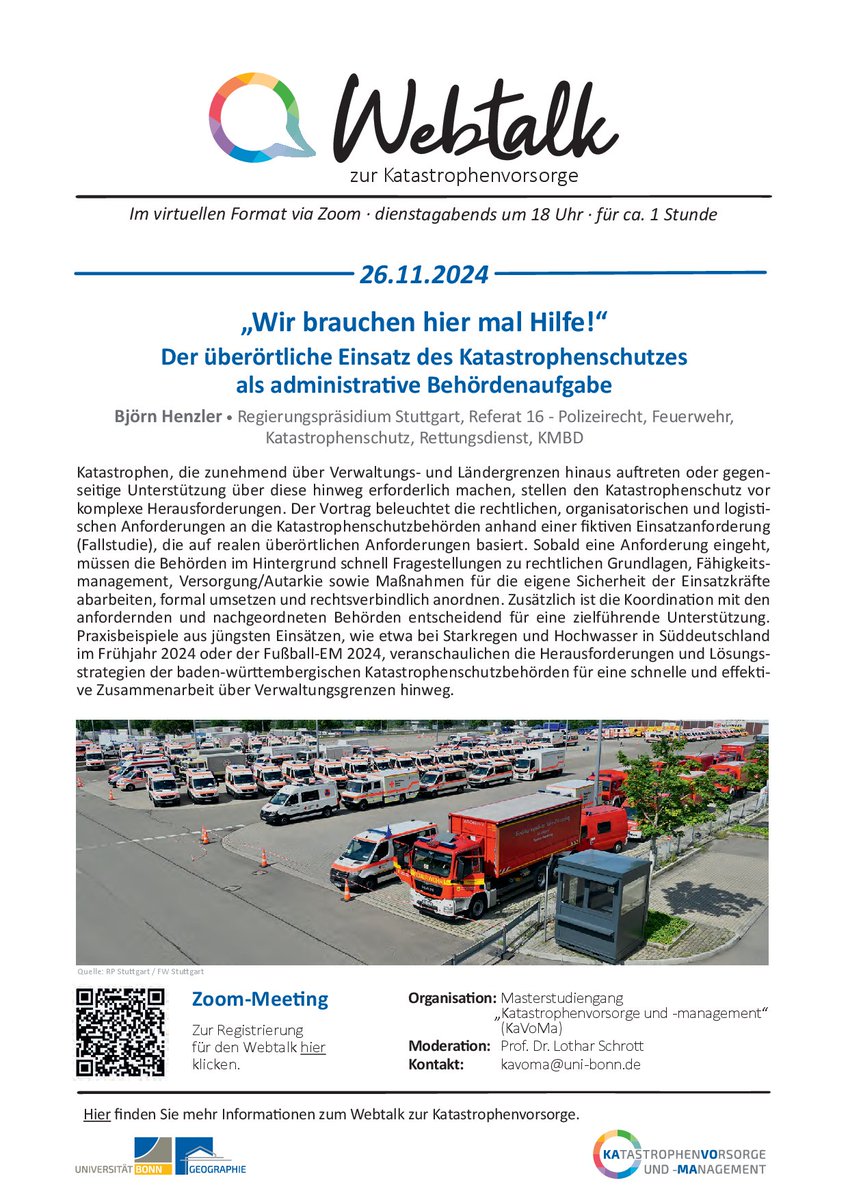 Department of Geography Bonn (@giub_research) on Twitter photo #KaVoMa webtalk on Nov. 26, 2024 at 6 pm:
"Wir brauchen hier mal Hilfe! - Der überörtliche Einsatz des Katastrophenschutzes als administrative Behördenaufgabe" with Björn Henzler (in German)
<a href="/UniBonn/">Rheinische Friedrich-Wilhelms-Universität Bonn</a> <a href="/BBK_Bund/">BBK</a>
Register here to get the full details: uni-bonn.zoom.us/meeting/regist… #KaVoMa webtalk on Nov. 26, 2024 at 6 pm:
"Wir brauchen hier mal Hilfe! - Der überörtliche Einsatz des Katastrophenschutzes als administrative Behördenaufgabe" with Björn Henzler (in German)
<a href="/UniBonn/">Rheinische Friedrich-Wilhelms-Universität Bonn</a> <a href="/BBK_Bund/">BBK</a>
Register here to get the full details: uni-bonn.zoom.us/meeting/regist…
