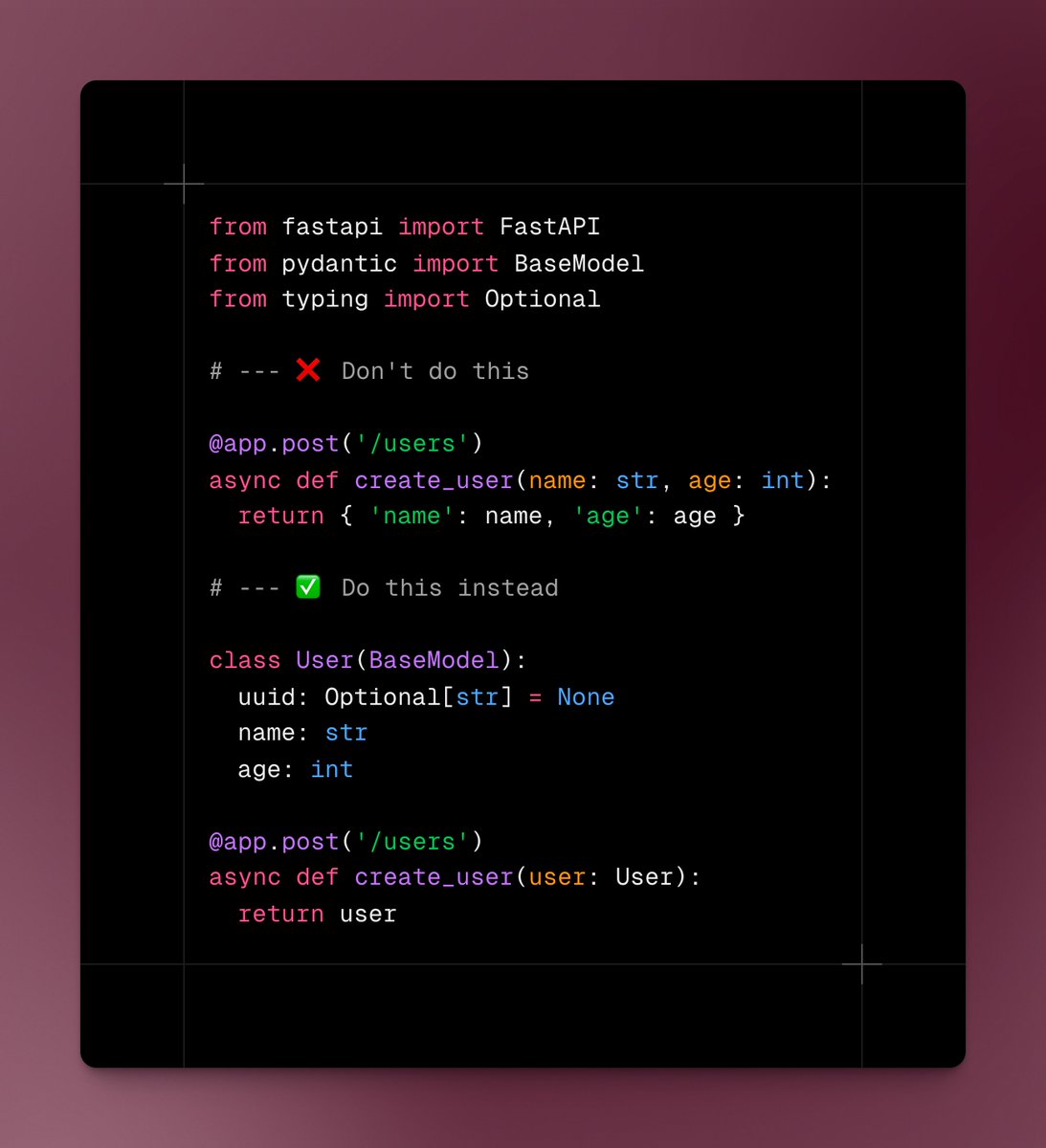 a_tinypixel's tweet image. 💡 Python Tip: Stop writing naked FastAPI endpoints! Use #Pydantic models for bulletproof data validation.

#FastAPI #Python #ProgrammingTip
