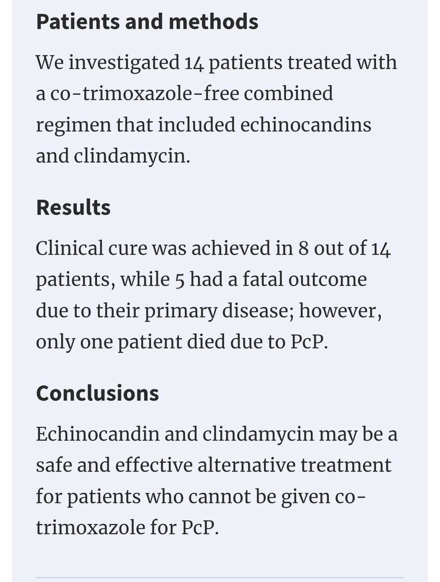 Ecchinocandin + Clindamycin may be as good as TMP for PJP in pts who cannot take TMP due to allergy, renal or other issues. But it's from a small case series of 14 pts. 
#pneumocystis #PJP #fungal #Infection #infectiousdisease