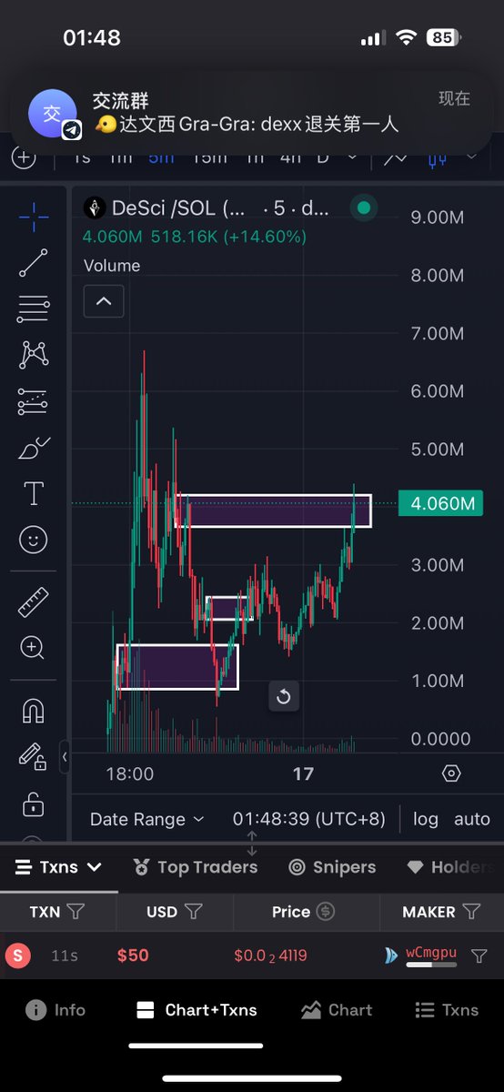 desci干货复盘
周六在群里结束了快一周的交易知识分享，扫链扫到了rif和desci，他俩属于同时段的衍生品，考虑到pnut和fred的走势，均为一个市值较大一个市值较小，fred拿下了80x，pnut只拿下了20x，于是分别画出了rif和desci的ob，在desci价格回落到ob区间后买入并在麦总<a href="/Michael_Liu93/">憨厚的麦总</a>