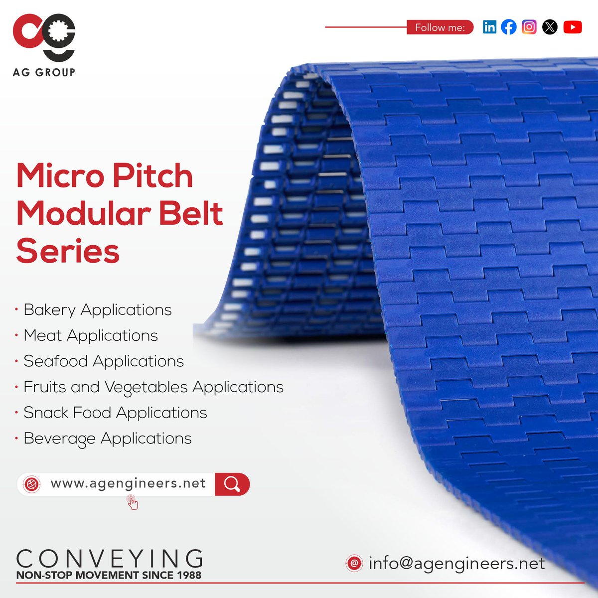 AGGroup542745's tweet image. Micro Pitch Modular Belts Series.

Stay tuned for further details!
Email: info@agengineers.net
Contact: +91-9625926063
website: agengineers.net
.
.
.
#aggroup #agengineers #modularbelts #micropitchmodularbelts #applications