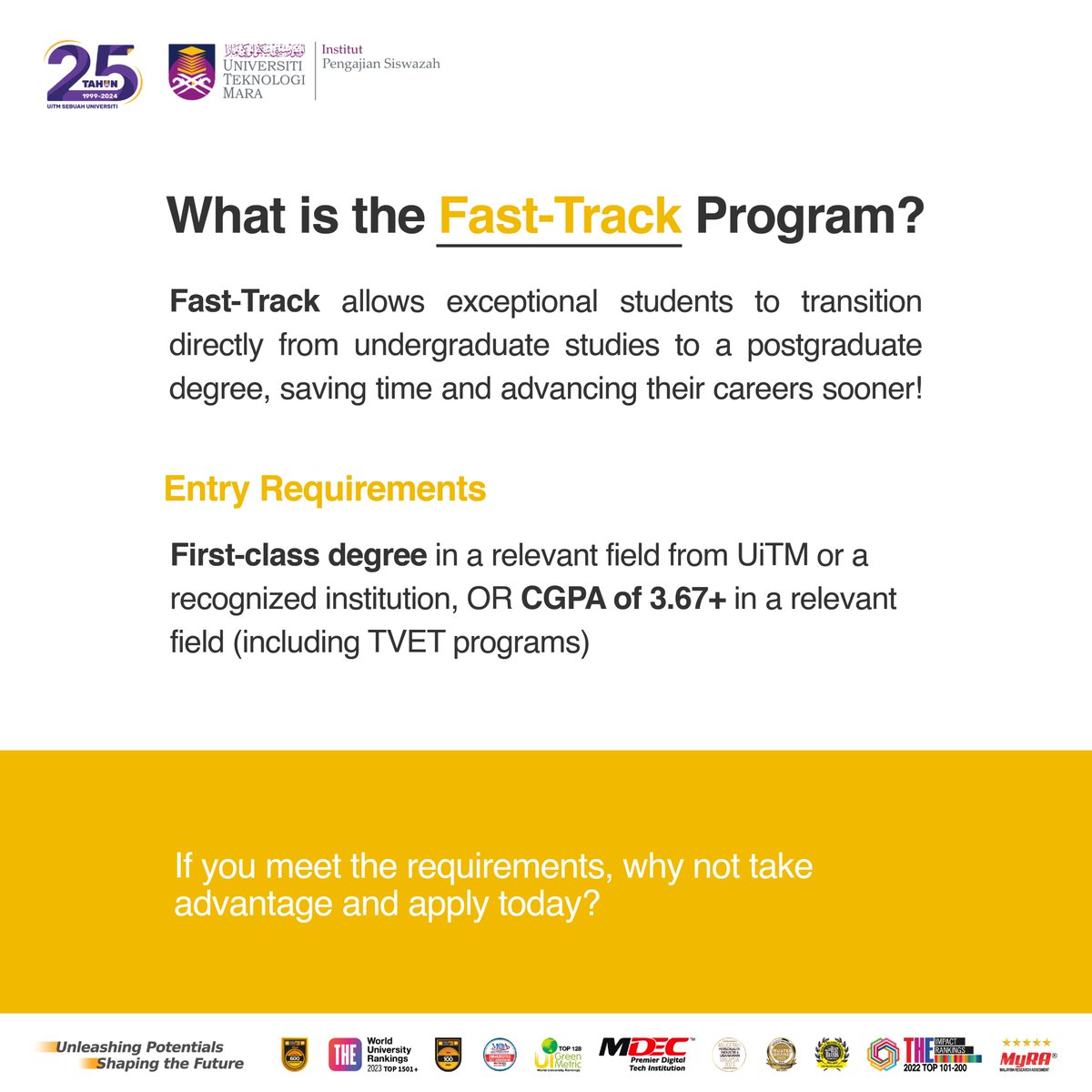 IPSisUiTM's tweet photo. Ready to fast-track your future? IPSis’s Fast-Track Programs offer exceptional students a direct path from undergraduate to postgraduate studies, helping you save time and reach your career goals faster.
#UiTMDiHatiku #UiTM25Tahun #StudyInUiTM #PostGraduate #IPSisFastTrack https://t.co/WGmbkA3cuT