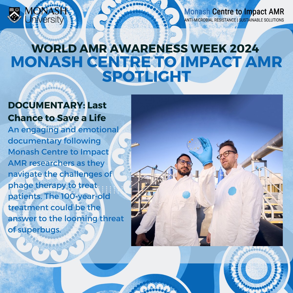 Centre to Impact AMR (@centreimpactamr) on Twitter photo 🔵It’s World AMR Awareness Week #WAAW2024! This year’s theme is Educate. Advocate. Act Now. The “Last Chance to Save a Life” documentary, released earlier this year, features <a href="/CentreImpactAMR/">Centre to Impact AMR</a> researchers as they navigate the challenges of #phagetherapy in treating #AMR patients. 🔵It’s World AMR Awareness Week #WAAW2024! This year’s theme is Educate. Advocate. Act Now. The “Last Chance to Save a Life” documentary, released earlier this year, features <a href="/CentreImpactAMR/">Centre to Impact AMR</a> researchers as they navigate the challenges of #phagetherapy in treating #AMR patients.