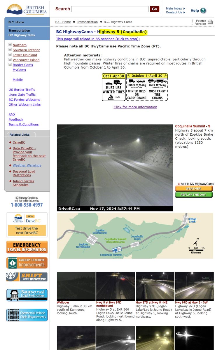 DriveBC's tweet photo. ❄️#BCHwy5 - Heavy snowfall in progress between #HopeBC and #MerrittBC.  Visibility limited. 

Check out the Replay the Day feature: https://t.co/hFoziuqCud https://t.co/C7WaVlXwQt