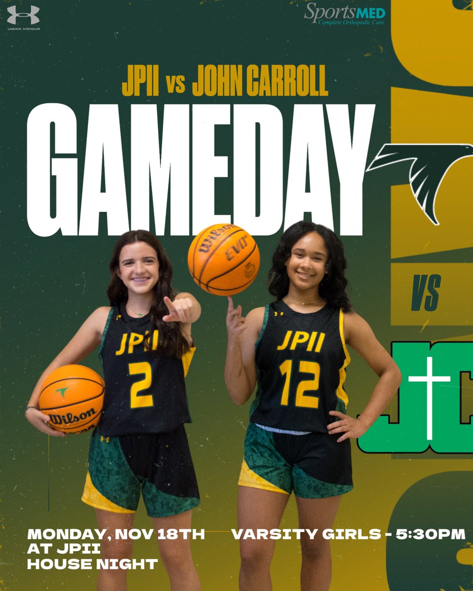 JPII Girls Basketball plays at HOME on Monday against John Carroll! It’s House Night and you can earn points for your House by attending. Varsity Girls play at 5:30PM. Tickets are $6 for students and $8 for adults (cash or GoFan).
