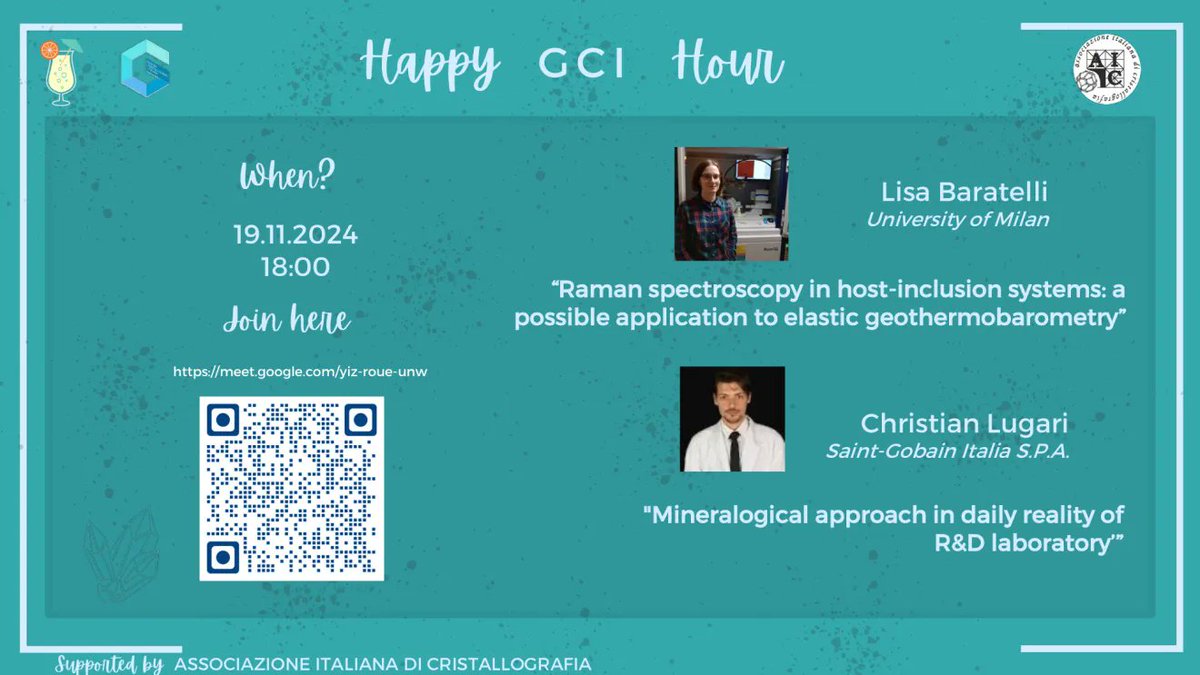 Associazione Italiana Cristallografia (@aicryst) on Twitter photo The third webinar of Happy GCI Hours is tomorrow at 18:00! The speakers are Lisa Baratelli, from the University of Milan and Christian Lugari of Saint-Gobain Italia S.P.A.
Join at: meet.google.com/yiz-roue-unw
<a href="/GCI_AIC/">Giovani Cristallografi Italiani</a> The third webinar of Happy GCI Hours is tomorrow at 18:00! The speakers are Lisa Baratelli, from the University of Milan and Christian Lugari of Saint-Gobain Italia S.P.A.
Join at: meet.google.com/yiz-roue-unw
<a href="/GCI_AIC/">Giovani Cristallografi Italiani</a>
