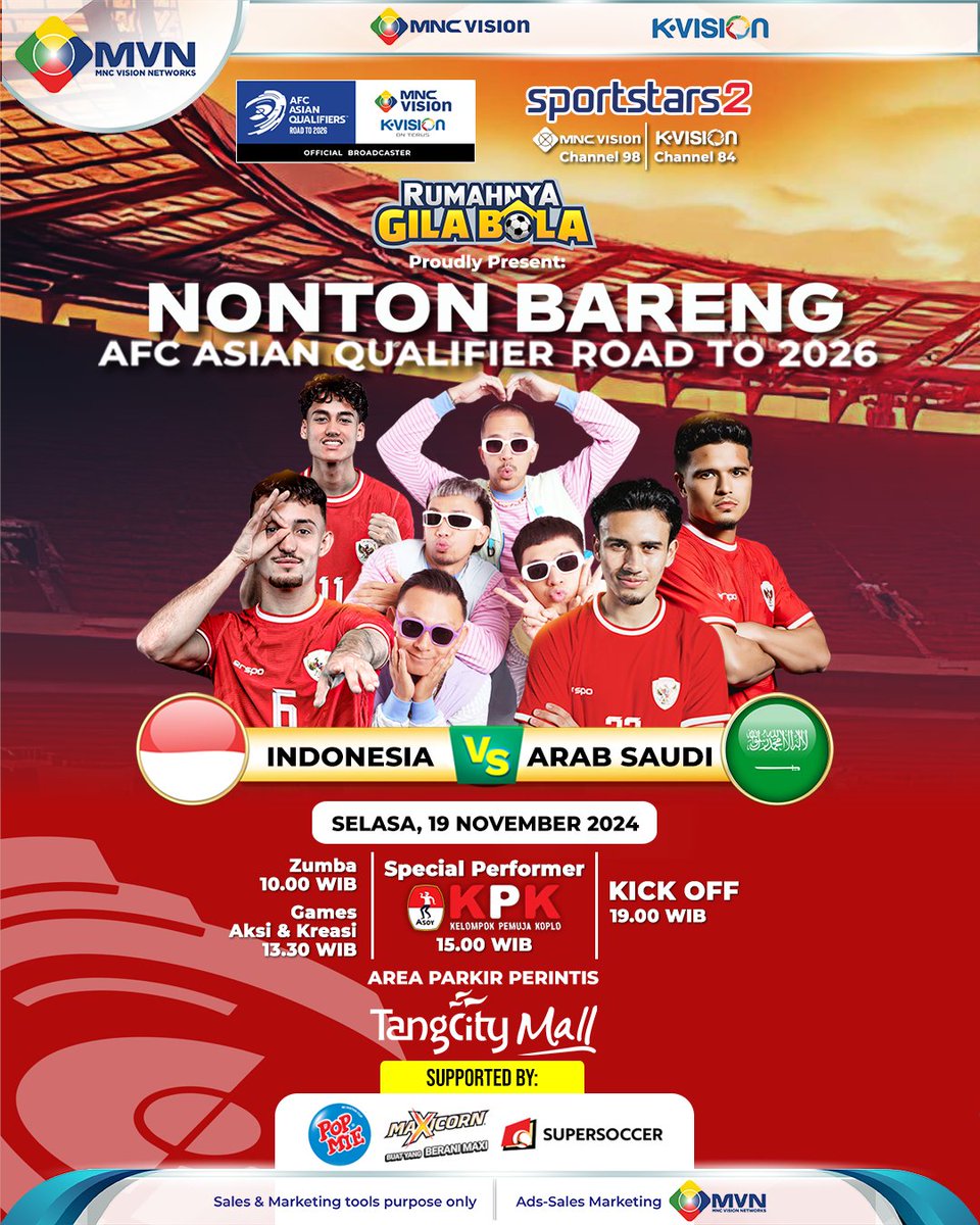 ent_ch86's tweet photo. Rumahnya Gila Bola present Nobar AFC Asian Cup Qualifiers Round 3 Asia! 

Indonesia vs Arab Saudi.
Parkir Perintis Tangcity Mall, 19 November 2024, 10.00 WIB.

Special Performance Kelompok Pemuja Koplo 

Nonton LIVE di Sportstars 2, LIVE on MNC Vision, Kvision, Vision+ dan RCTI+ https://t.co/sx76bDMdny