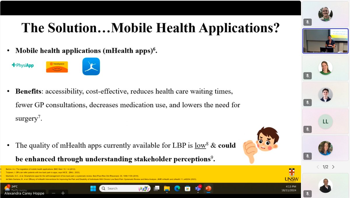 Our Honours student, <a href="/miaryan_1/">Mia Ryan</a>, presented her qualitative study evaluating patients' and GPs' perceptions of mobile apps to support self-management for back pain in primary care. What do you think patients and GPs feel about that?
<a href="/UNSWMedicine/">UNSW Medicine & Health</a>
<a href="/neuraustralia/">NeuRA (Neuroscience Research Australia)</a>