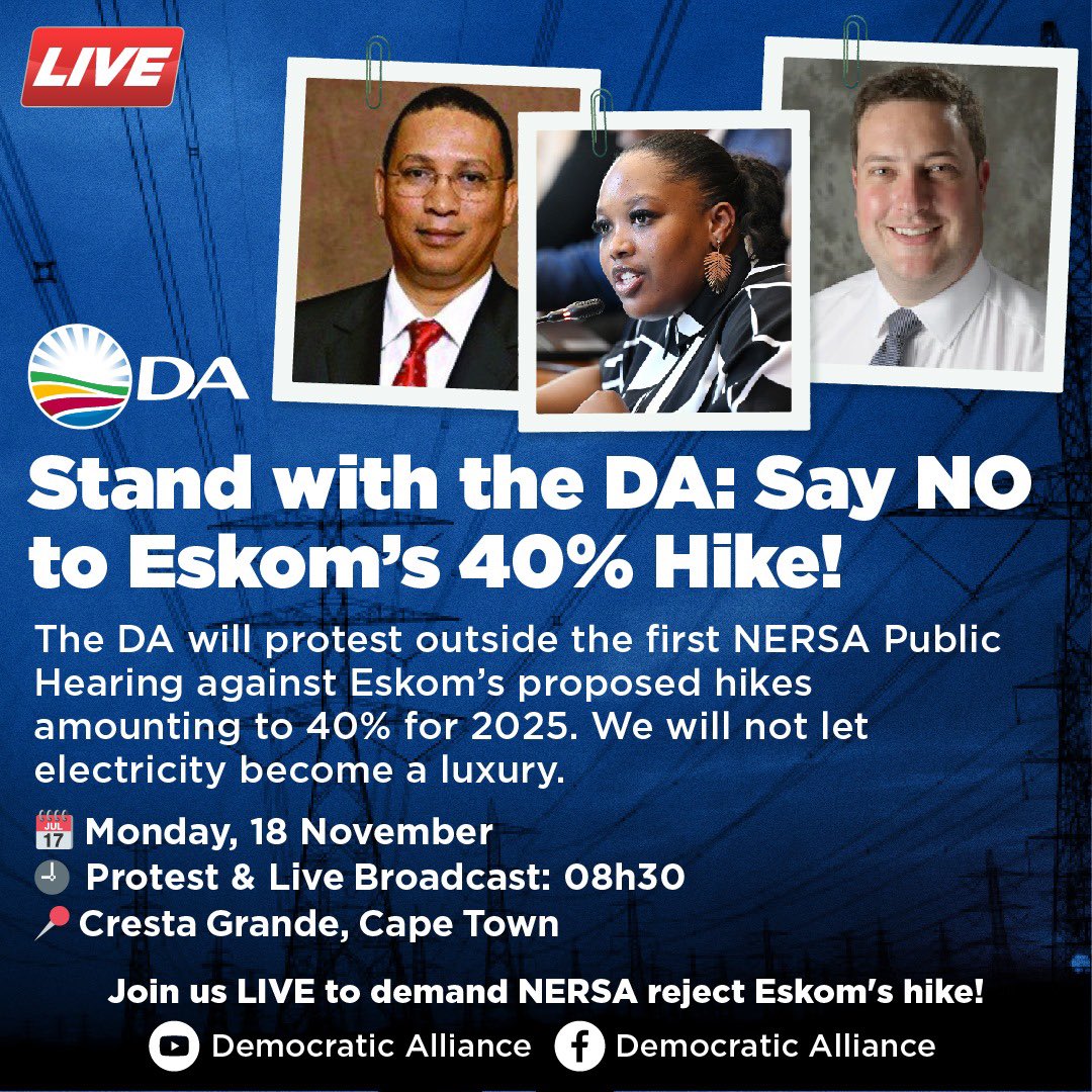 Our_DA's tweet photo. 📢 Today at 08h30, the DA protests Eskom’s unaffordable 40% tariff hike outside the first NERSA Public Hearing! Electricity is a necessity, not a luxury. 
 
🎥 Watch the protest live on DA’s Facebook or YouTube page: https://t.co/XGXweIezpN

#StopElectricityHikes #StopPowerGrab https://t.co/2EwTitsZVE