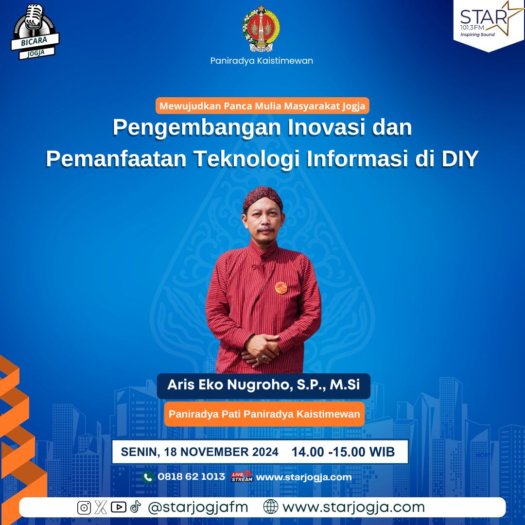 starjogja's tweet photo. Pemda DIY terus melakukan pengembangan Inovasi dan Pemanfaatan Teknologi Informasi yang difasilitasi menggunakan Dana Keistimewaan. 

Seperti apa pengembangannya?
layanan aplikasi apa saja yang memanfaatkan Teknologi Informasi?

Dengarkan jawabannya dalam Program Bicara Jogja ! https://t.co/lJ3uEyjGjI